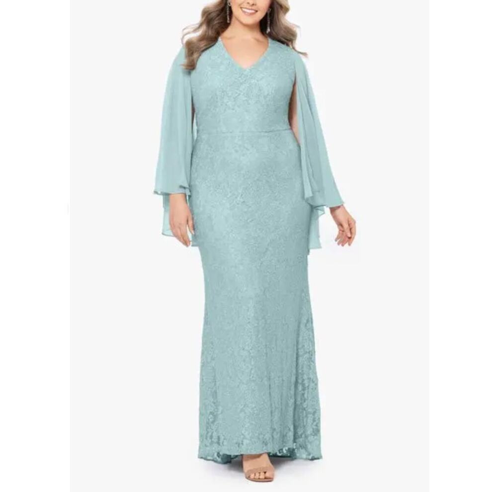 Betsy & Adam Lace Chiffon Cape Sleeve Gown Sage Size 8 NWT Feminine Form-Fitting